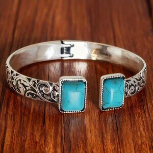 14K White Gold Womens Turquoise Cuff Bangle Bracelet Ladies 14 K Silver Jewelry